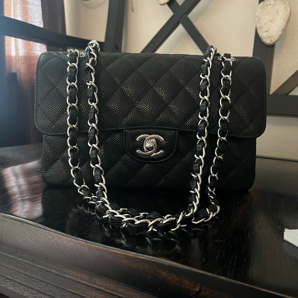 NOT AVAILABLE!! Chanel Small Classic Double Flap Black Caviar Silver Hardware